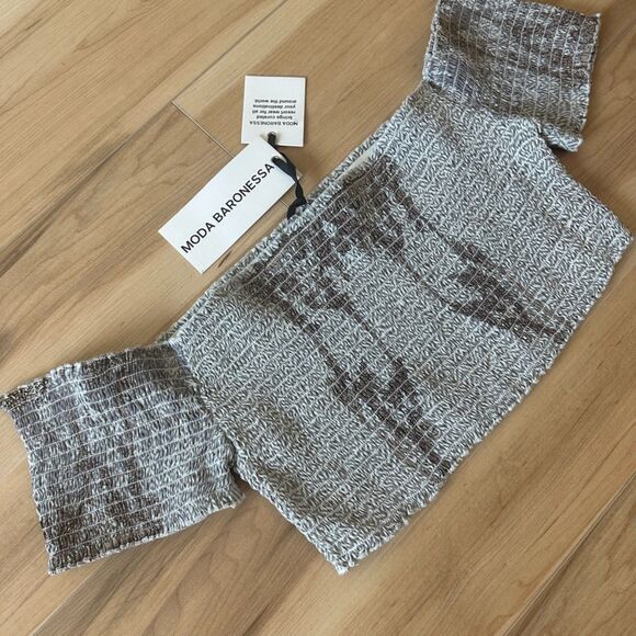 Moda Baronessa Womens Malibu 100% Silk Cap Crop Top Smocked Coastal‎ Size Large - Picture 2 of 6